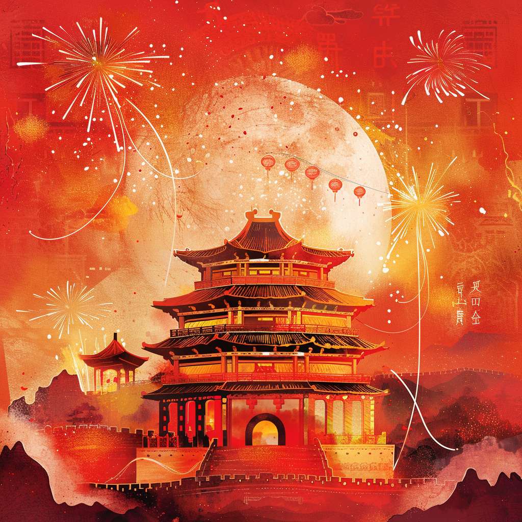 Chinese red background, gradient to enhance dimension, fireworks, ribbons.