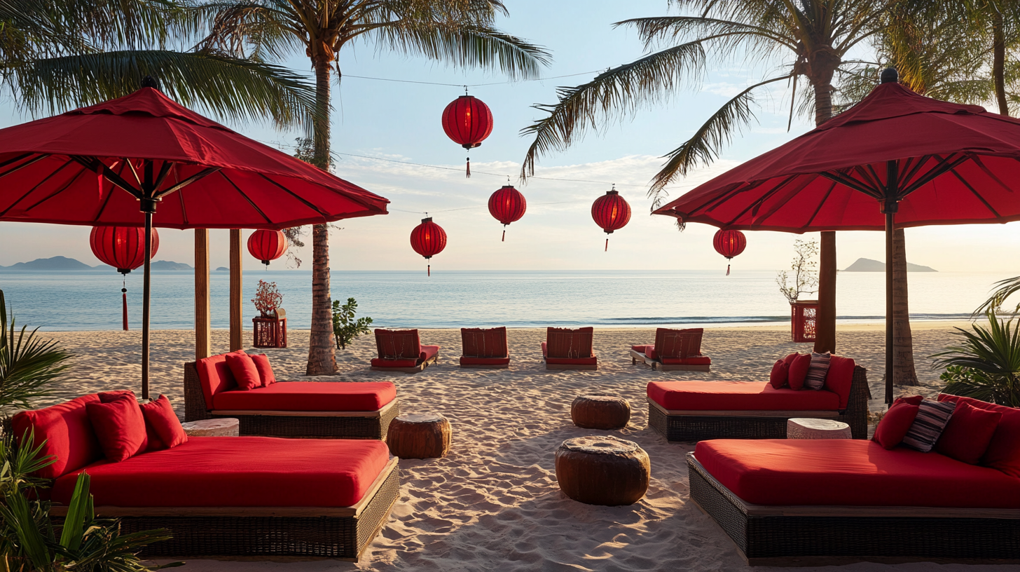 Chinese-themed beach club with red and black decor