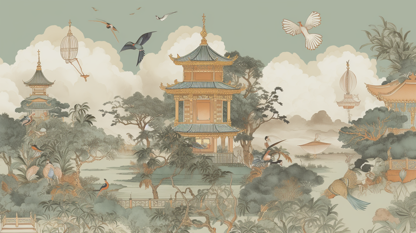 Chinoiserie-inspired wallpaper: pagoda, elephant, tiger in jungle