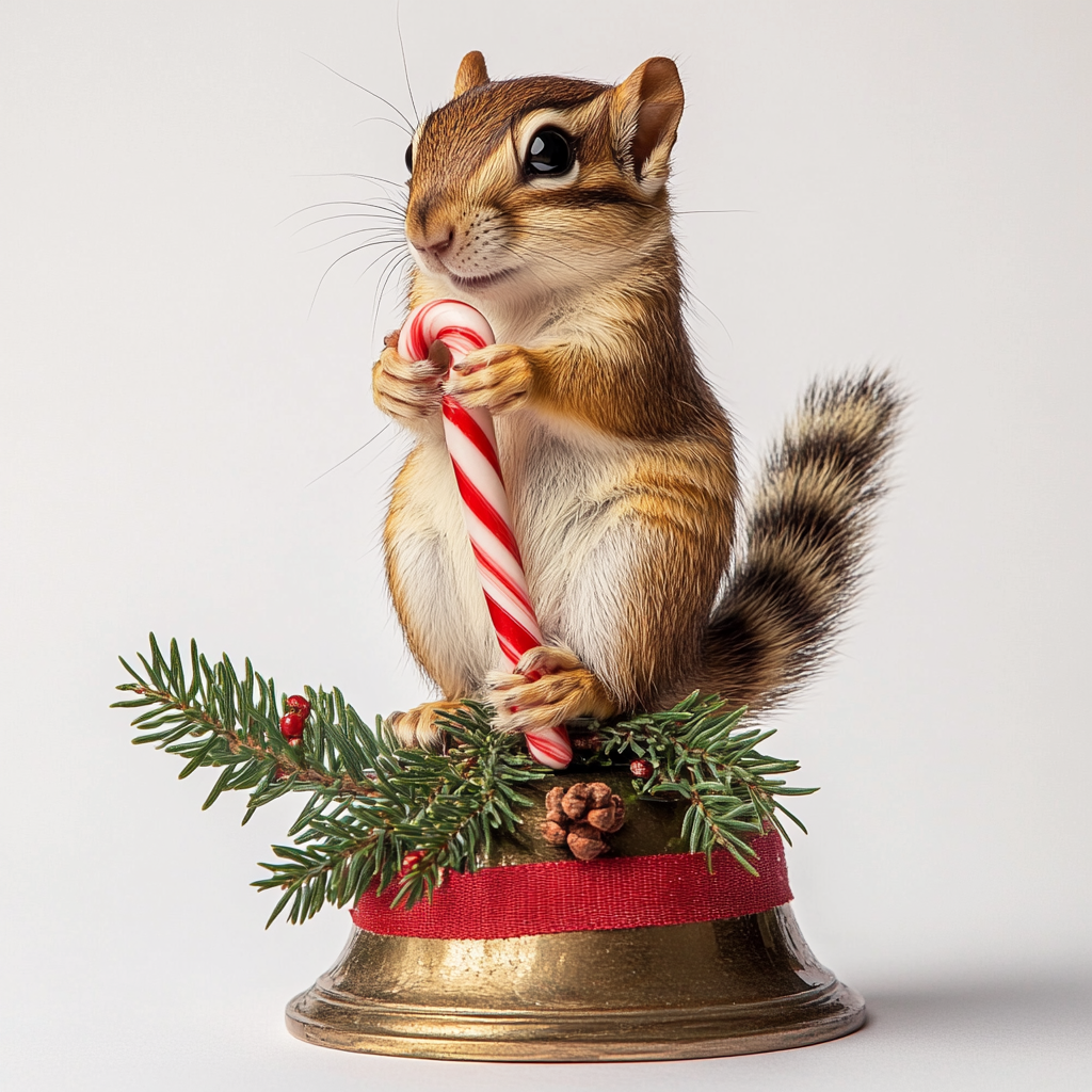 Chipmunk holding candy cane on Christmas bell