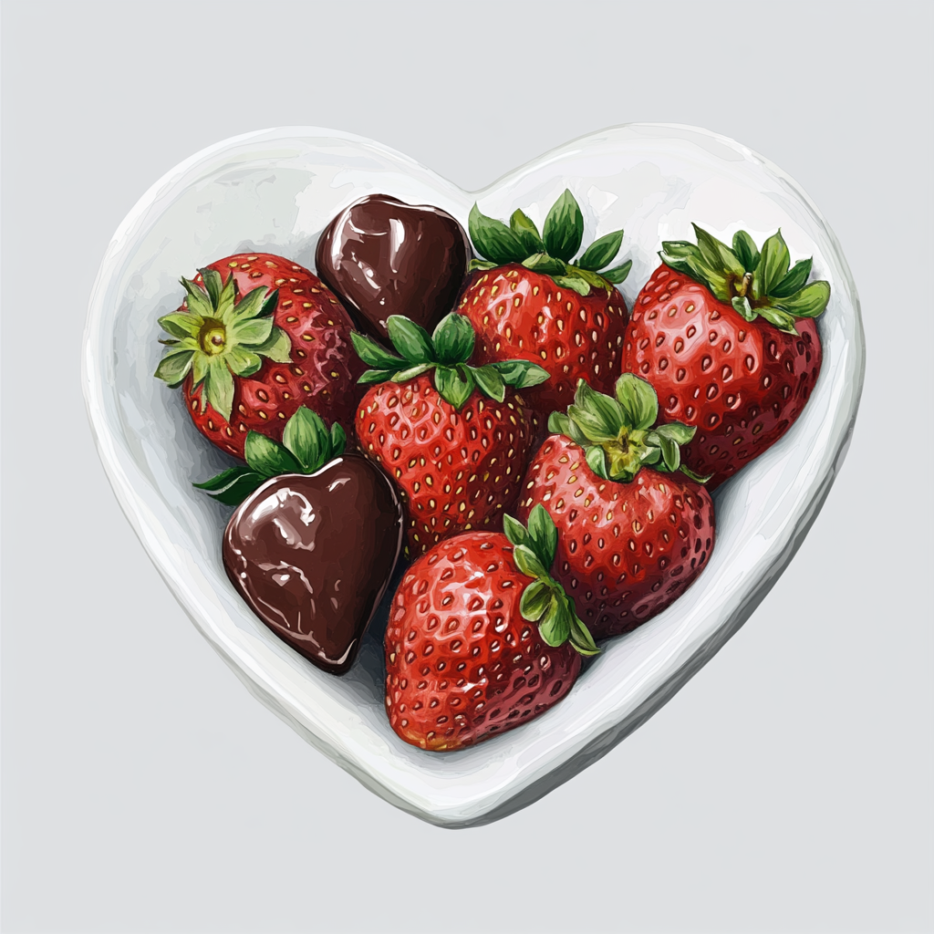 Chocolate-Covered Strawberries in Heart-Shaped Porcelain Bowl