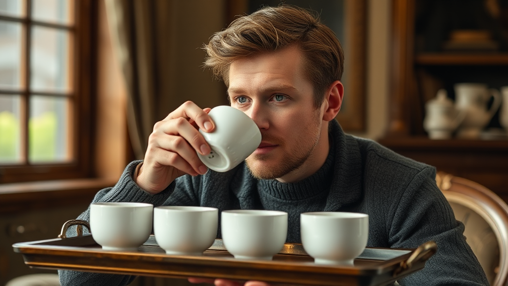 Chris Hemsworth drinking tea from tray with 5 cups.