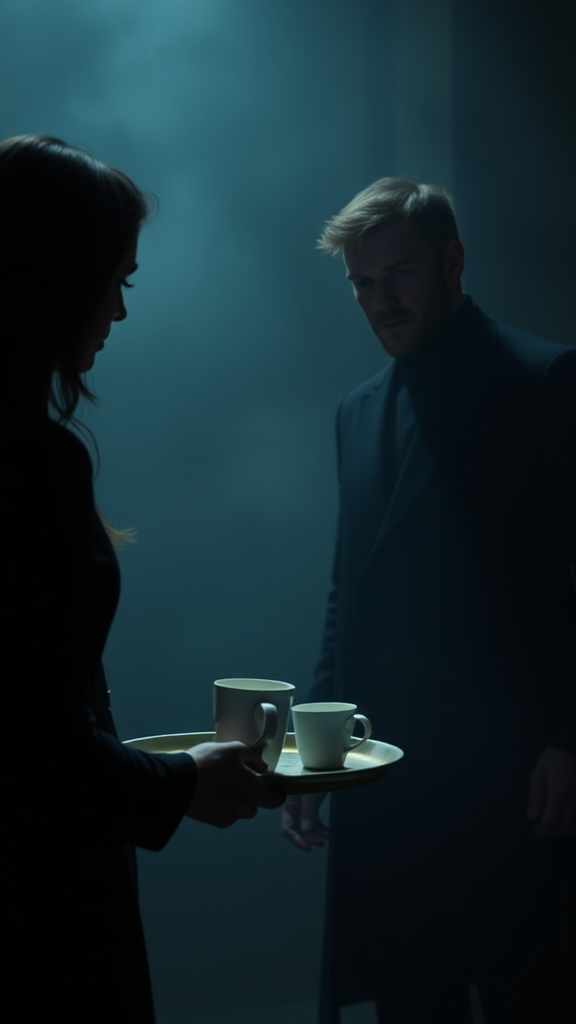 Chris Hemsworth takes a cup in dark room.