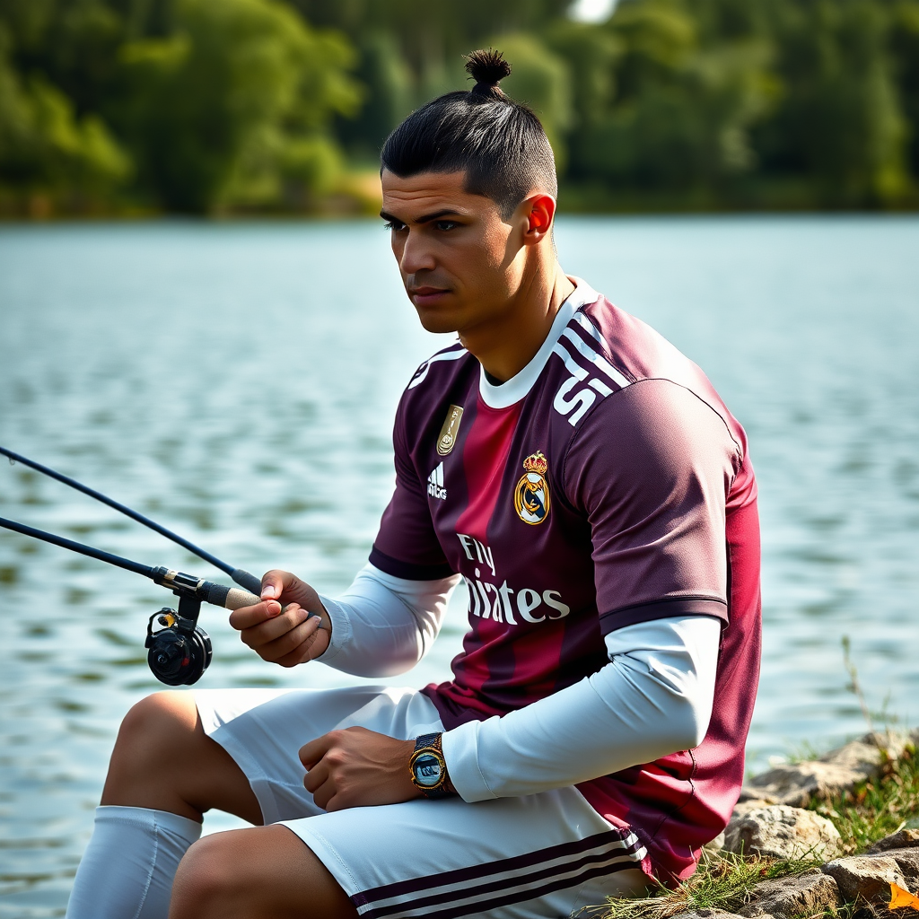 Chris Ronaldo in Real Madrid jersey fishing riverside