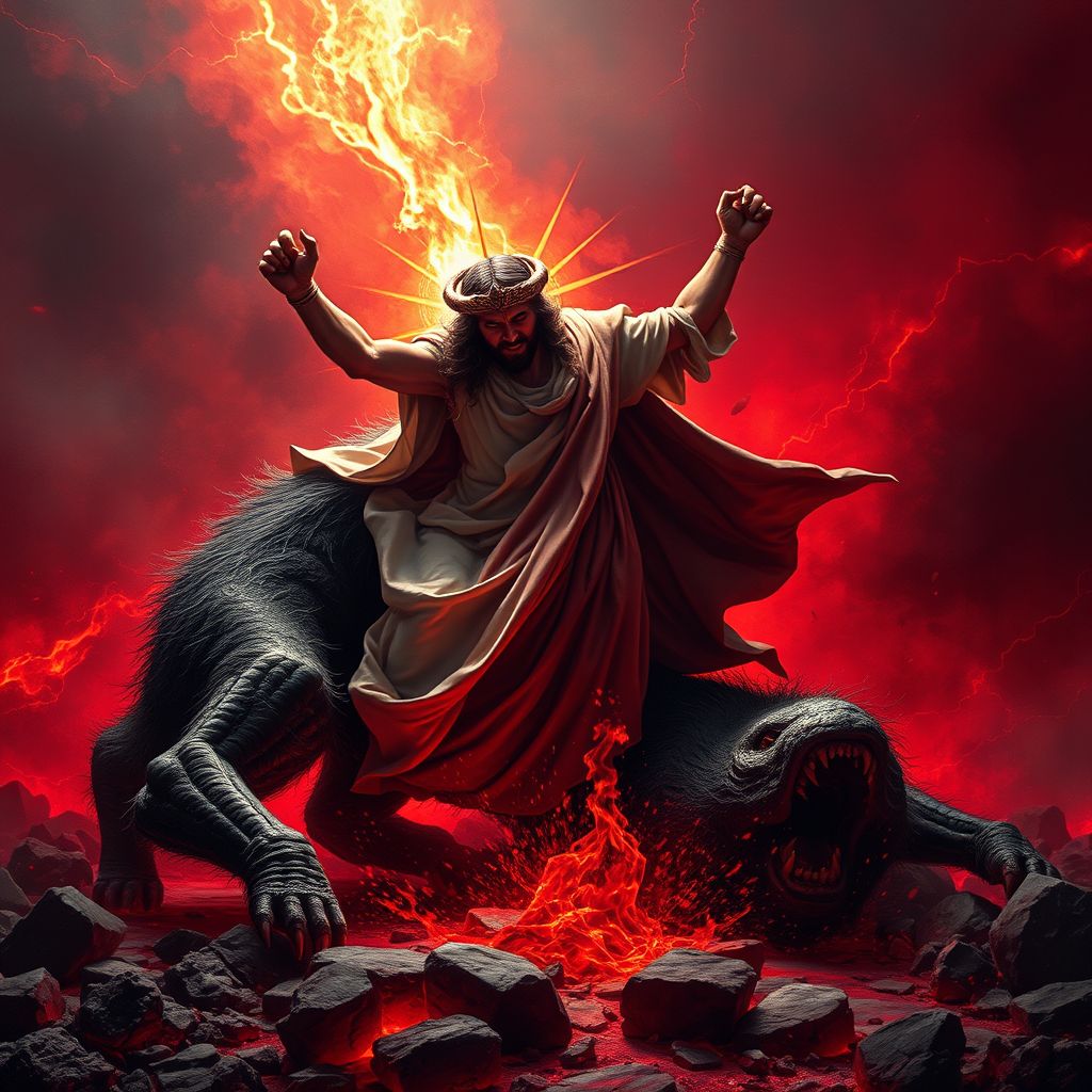 Christ Subduing Beast in Thunderous Hell