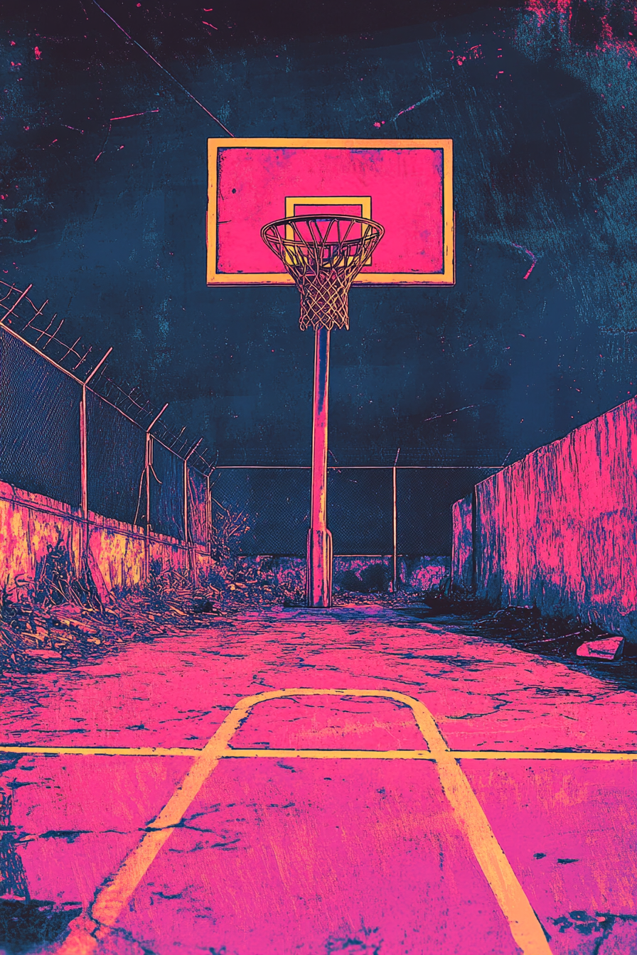 Christmas Basketball Court - A synthwave-style graphic featuring a dirty, old court.