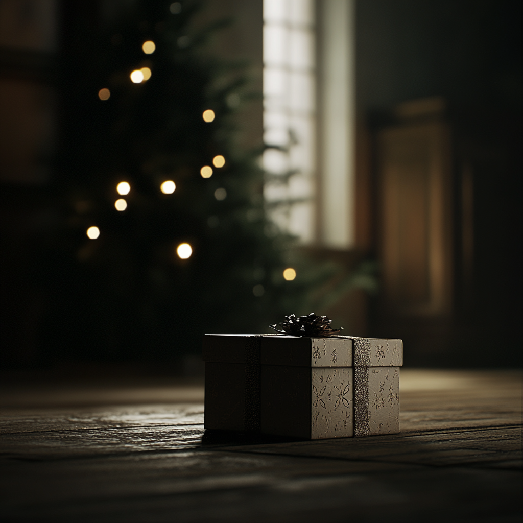 Christmas Gift Box in Dark Lighting Under Tree