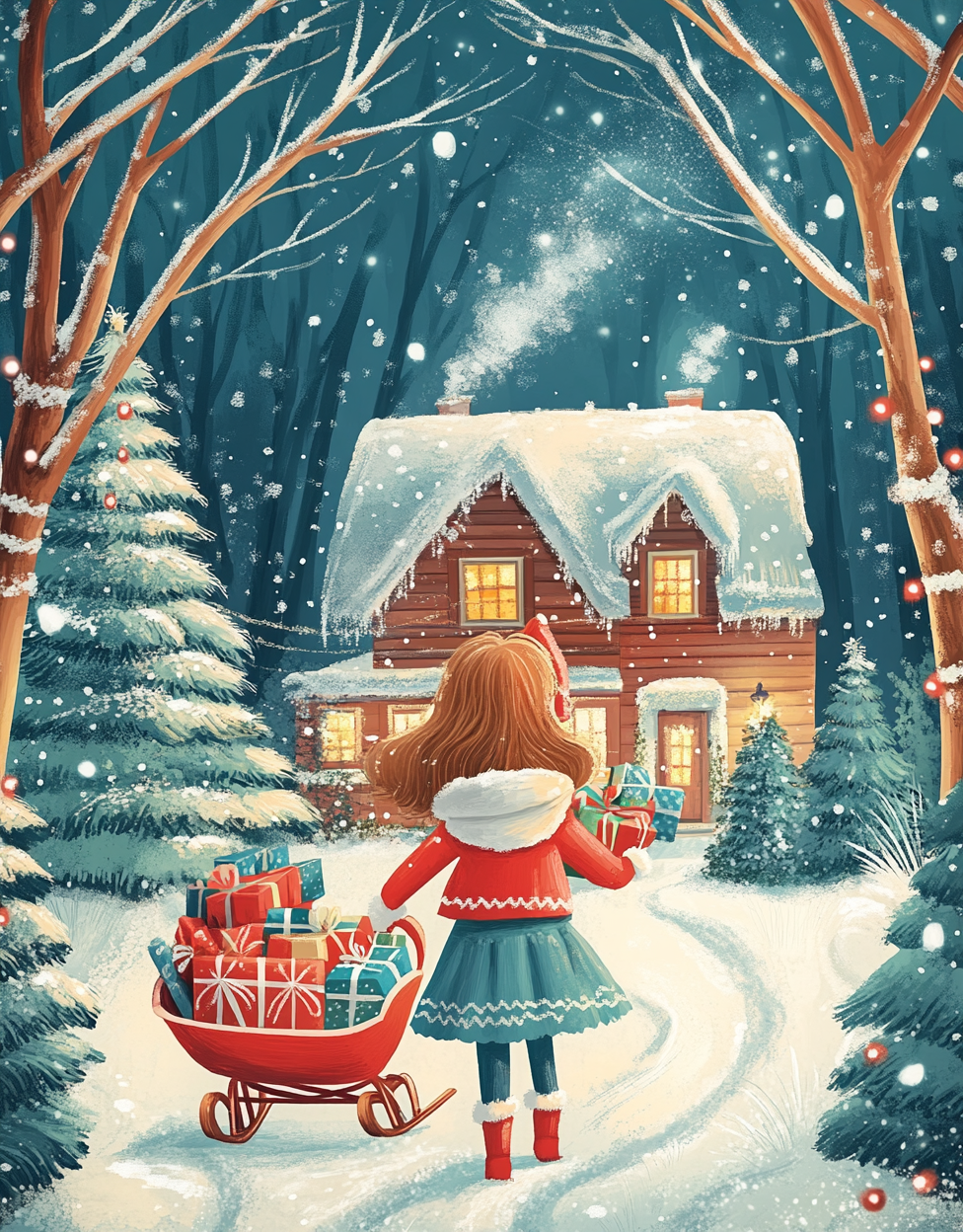 Christmas Girl with Gifts in Snowy Scene