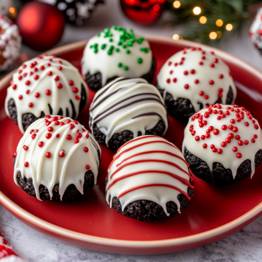 Christmas Oreo Balls on a red plate