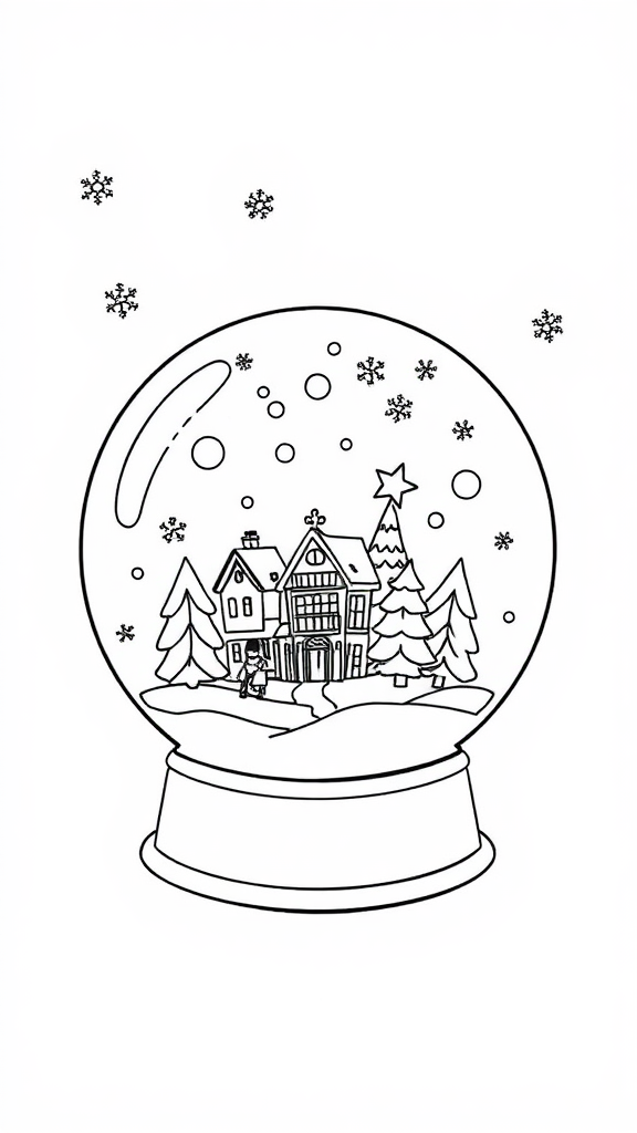 Christmas Village in Snow Globe Coloring Page.