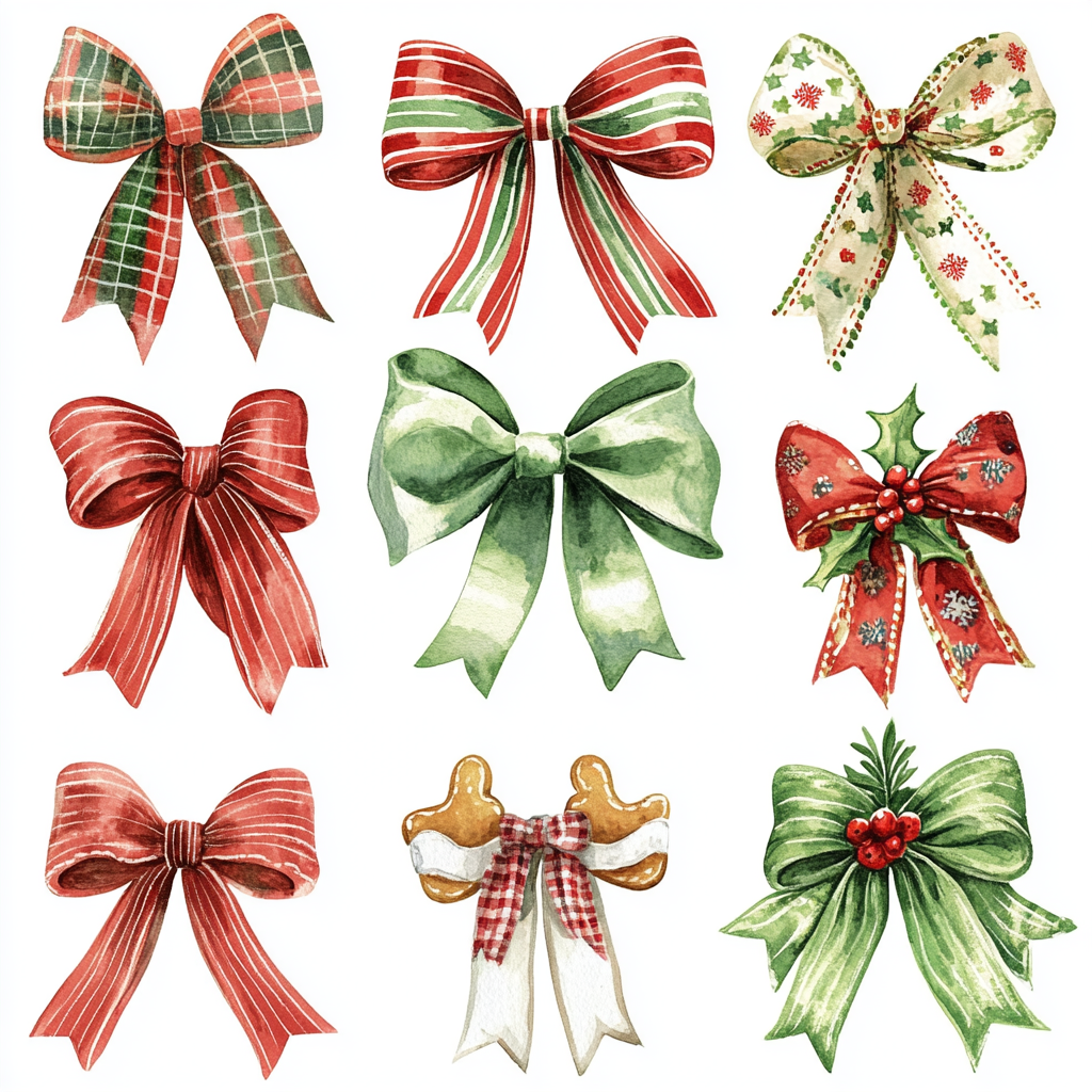 Christmas bows with Santa and gingerbread designs