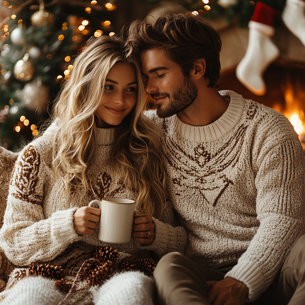 Christmas cozy couple by fireplace with decorations