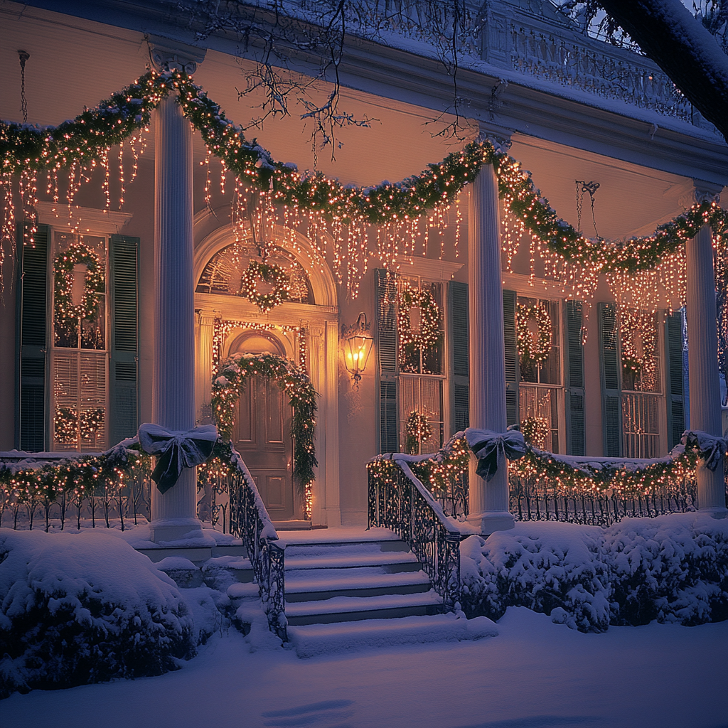 Christmas decorations on plantation house in New Orleans.