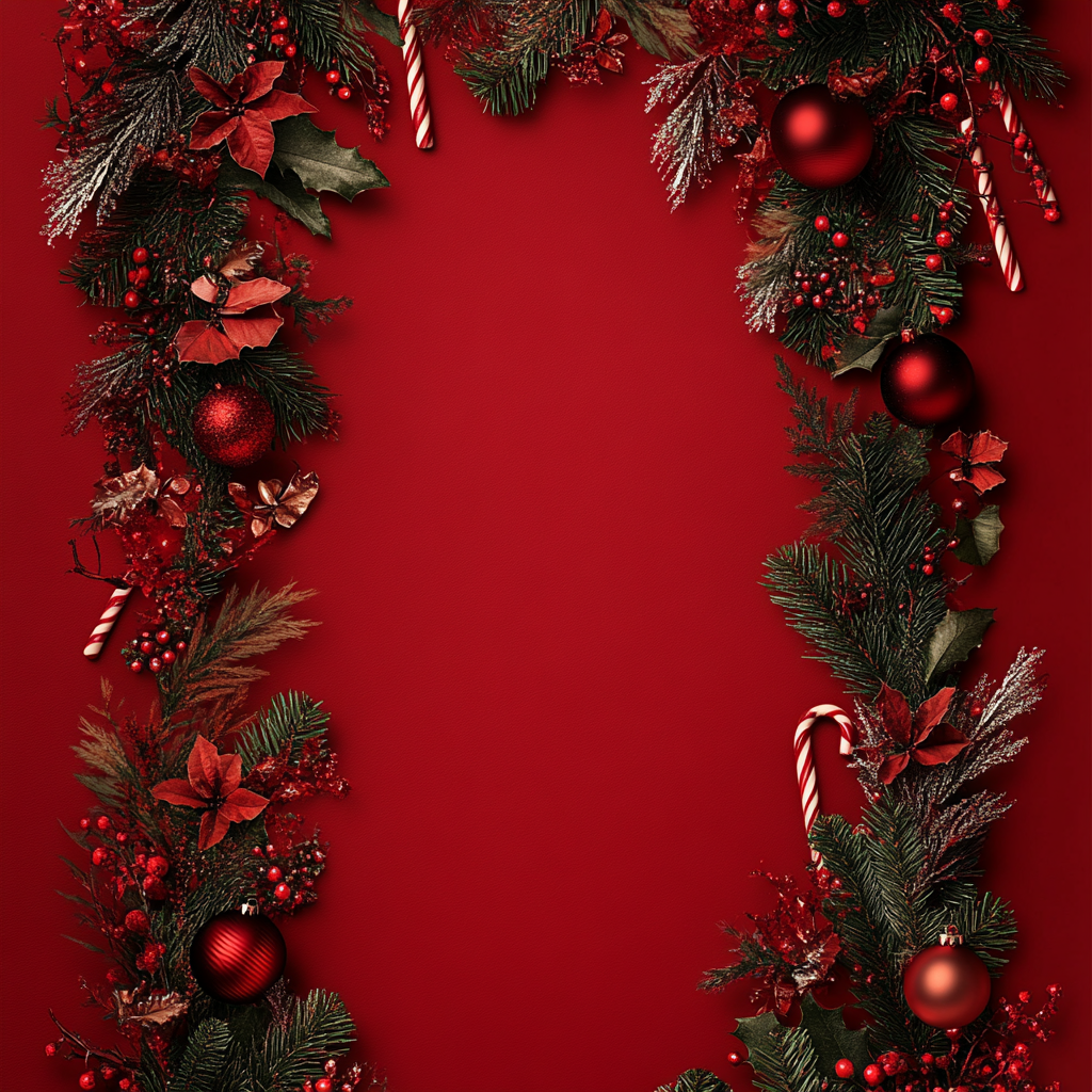 Christmas decorations on red background with blank space