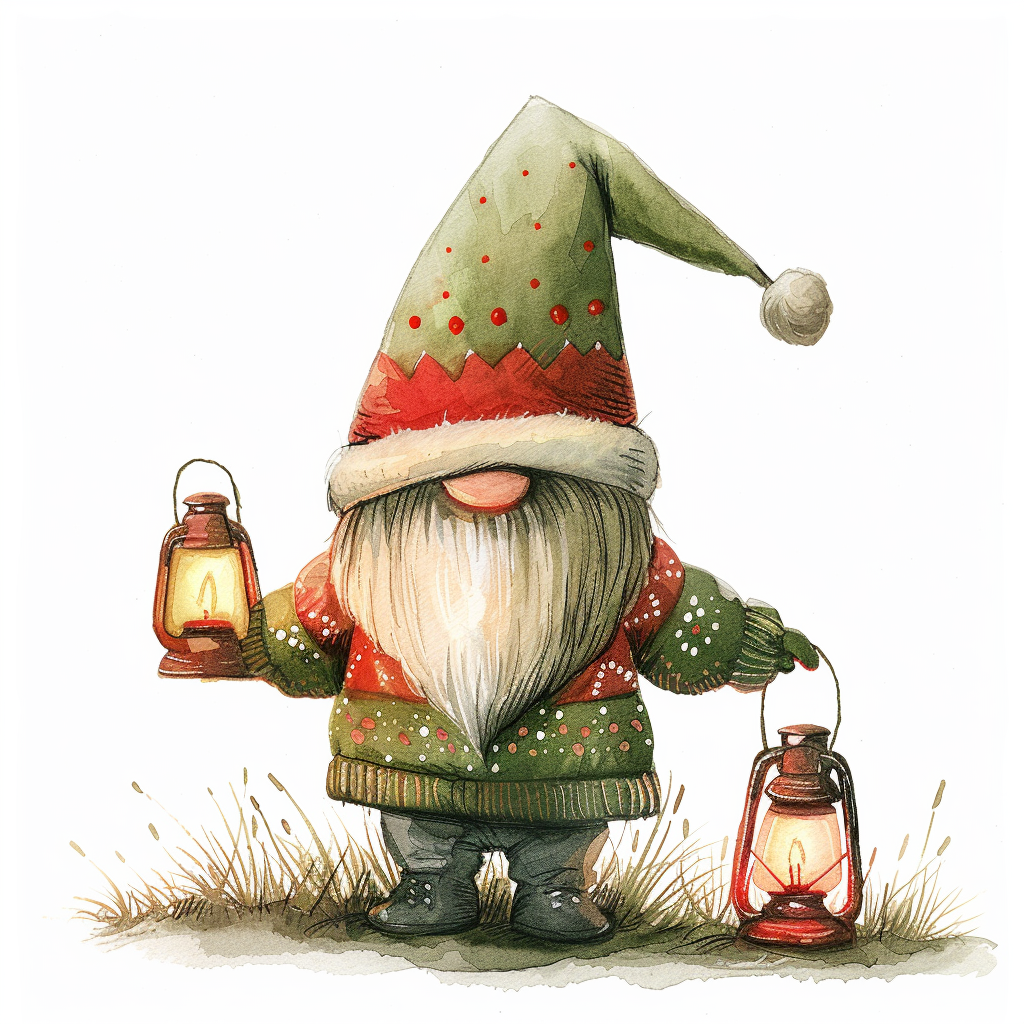 Christmas gnome in colorful outfit holding lantern