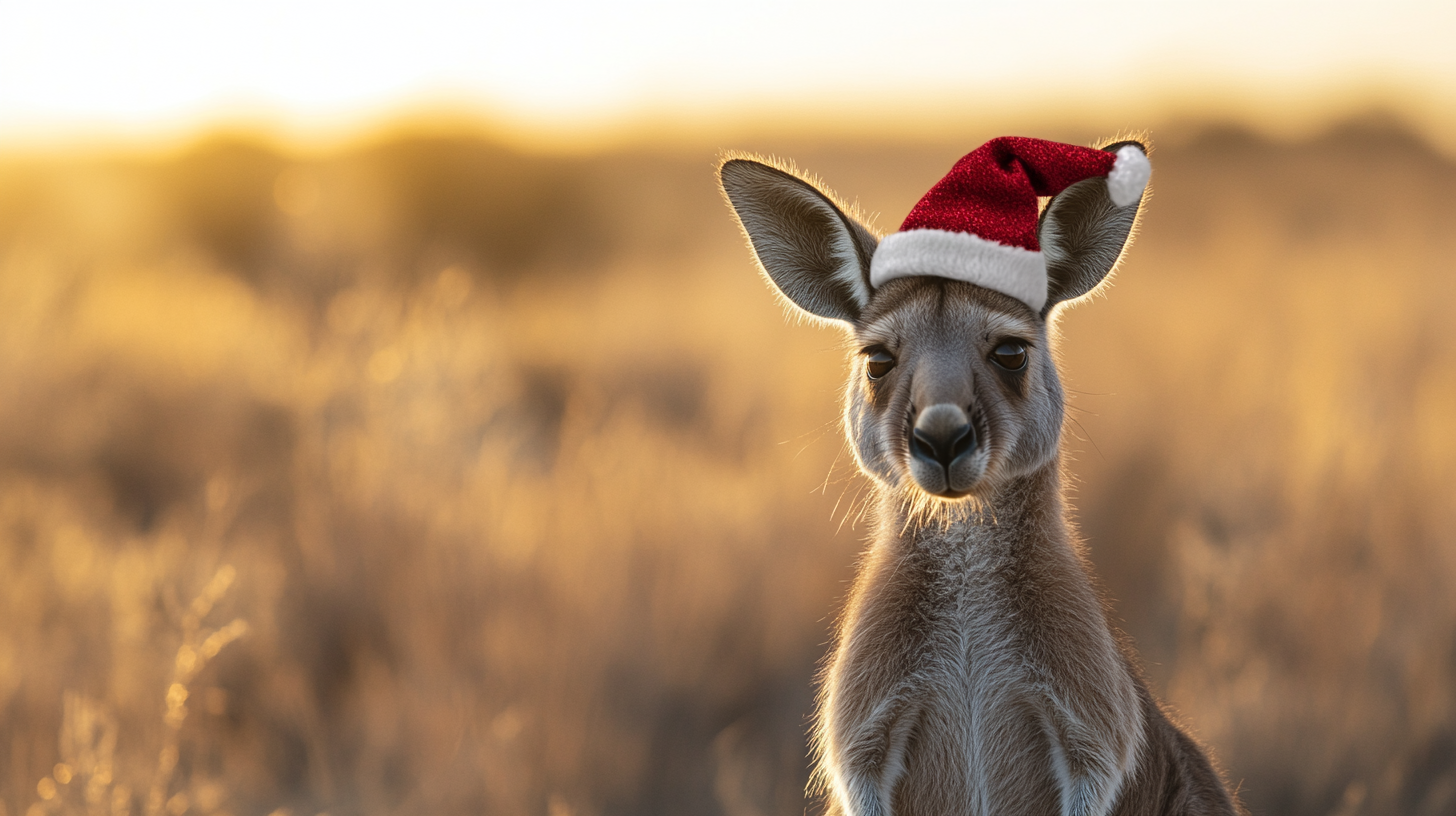 Christmas hat on kangaroo in Australian desert, epic landscape.