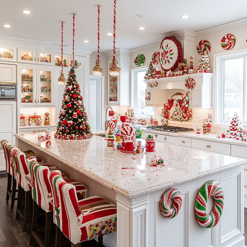 Christmas themed white kitchen with gingerbread decorations.