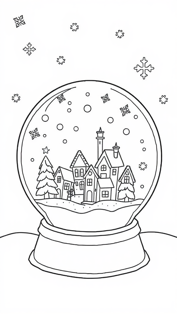 Christmas village snow globe with snowflakes - coloring page.