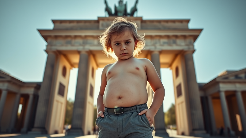 Chubby Boy Posing Unhappily at Brandenburger Tor Morning