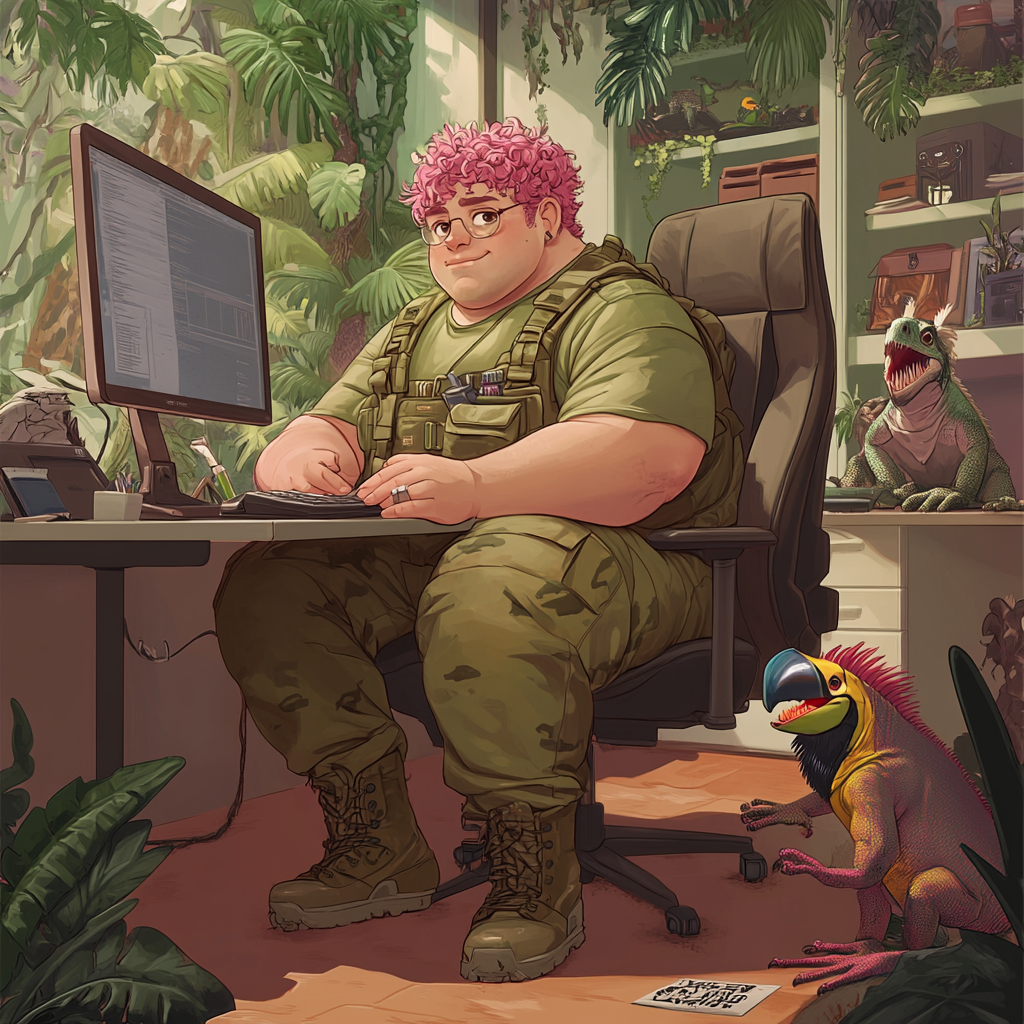 Chubby IT professional in jungle office with animals.