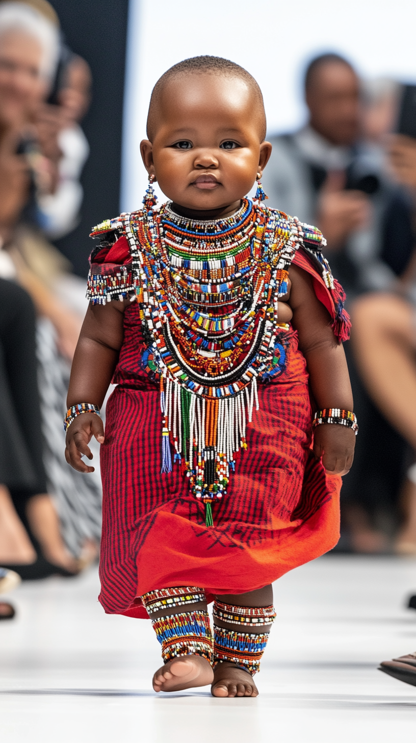 Chubby Kenyan baby poses like supermodel at fashion show.