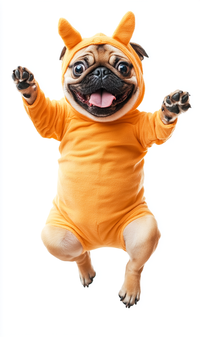 Chubby dog in Halloween costume jumps happily.