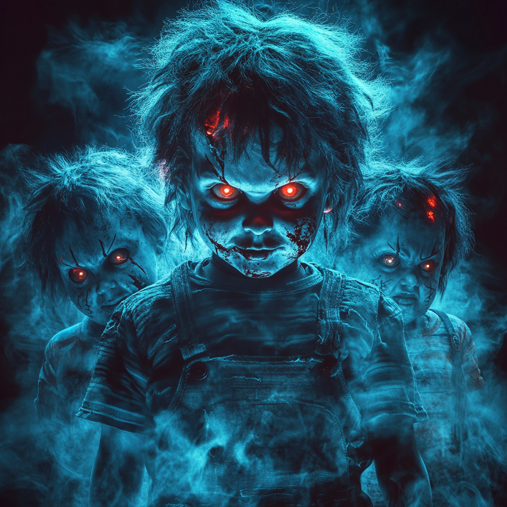 Chucky dolls in menacing poses, eerie composition with blue filter.