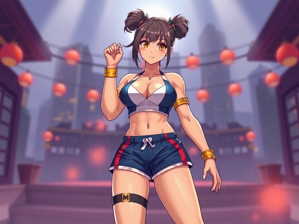 Chun-Li wearing shorts in anime style.