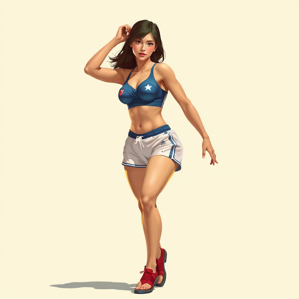 Chun-Li wears jean shorts in a park.