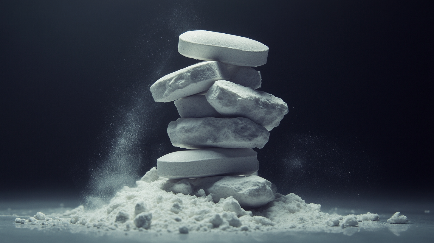 Chunks of white medical pills stacked like rocks