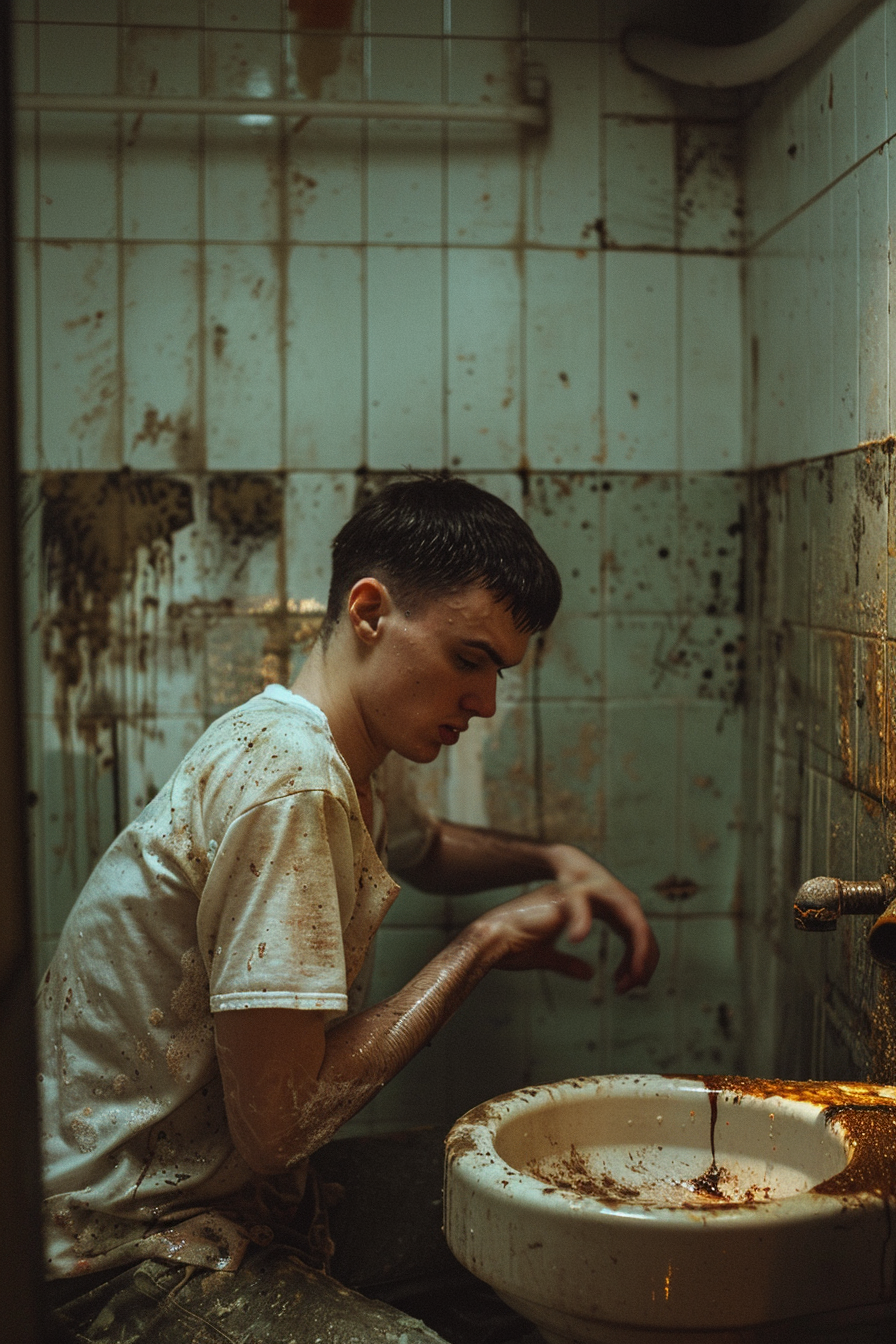 Cinematic grimy bathroom scene with determined young man