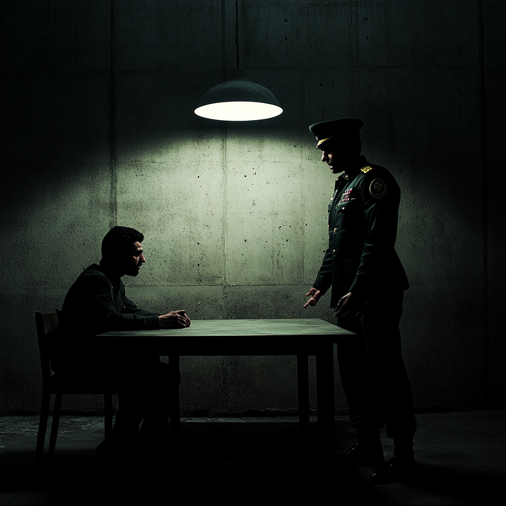 Cinematic interrogation scene with shadowy figure and military officer.