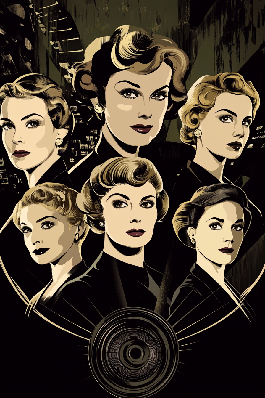 Classic Actresses in Stylish Noir Artwork: Hitchcock Influence