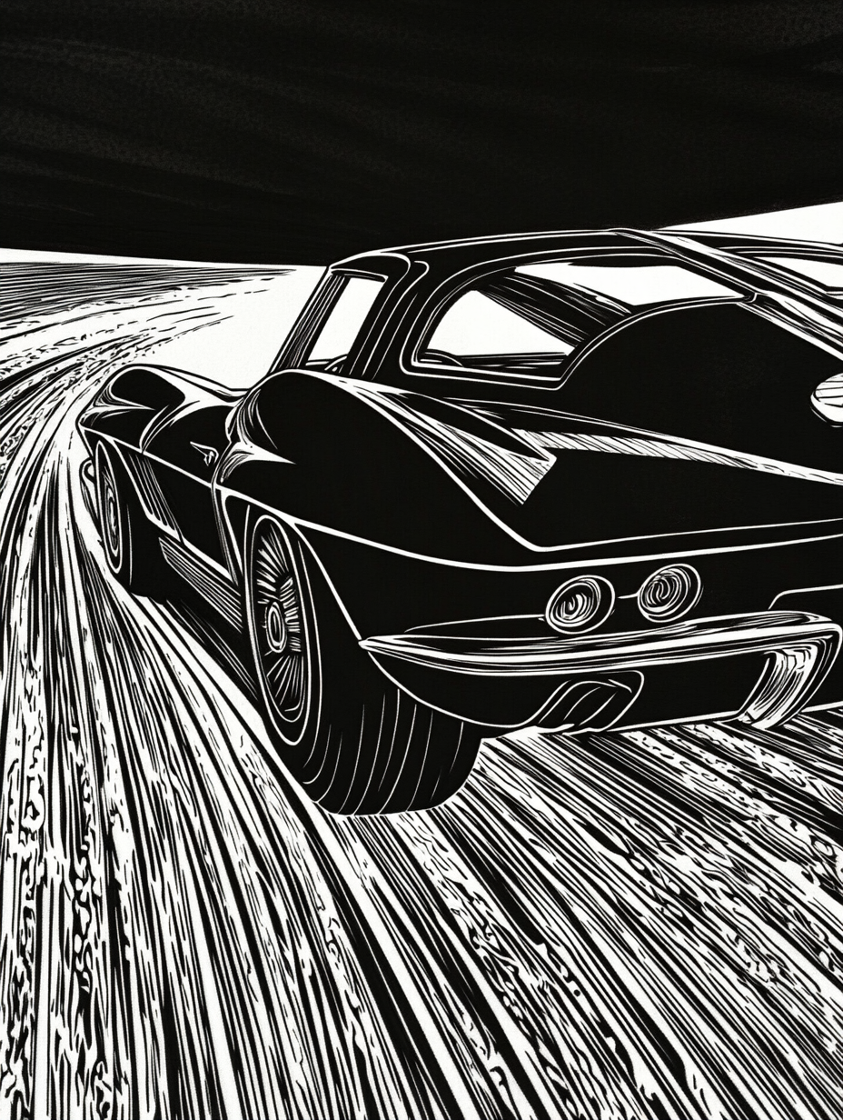 Classic Corvette racing in a detailed woodcut image.