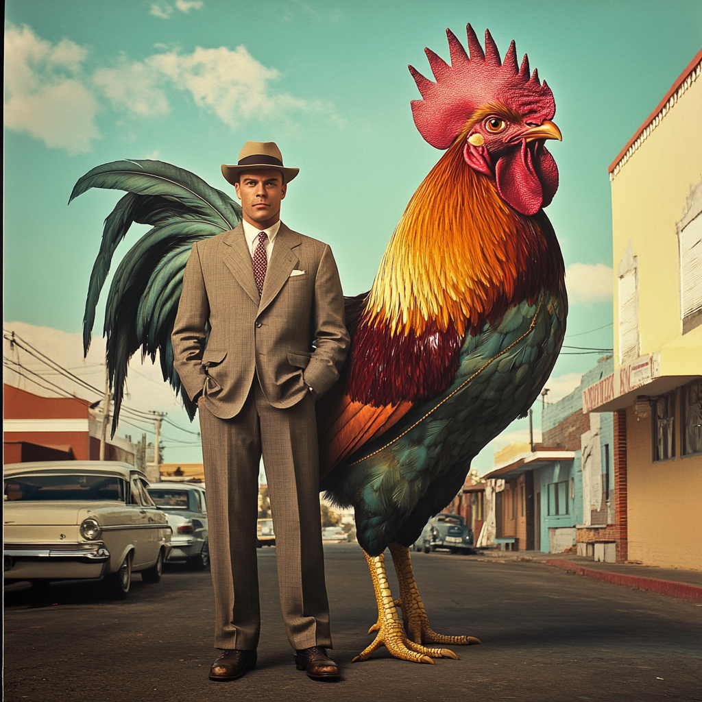 Classic Man and Giant Rooster: Vintage American Ad