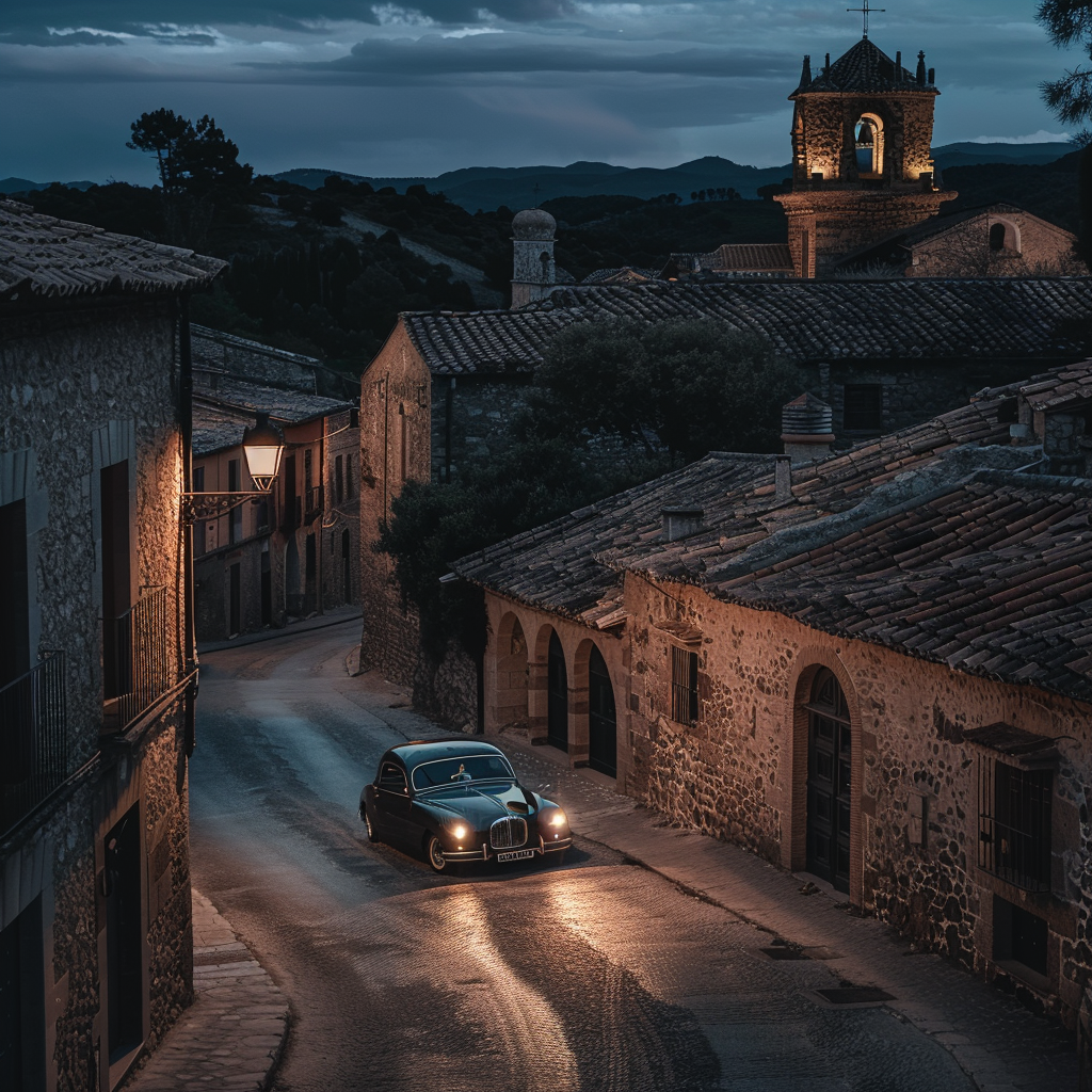 Classic car drives through illuminated Spanish village.