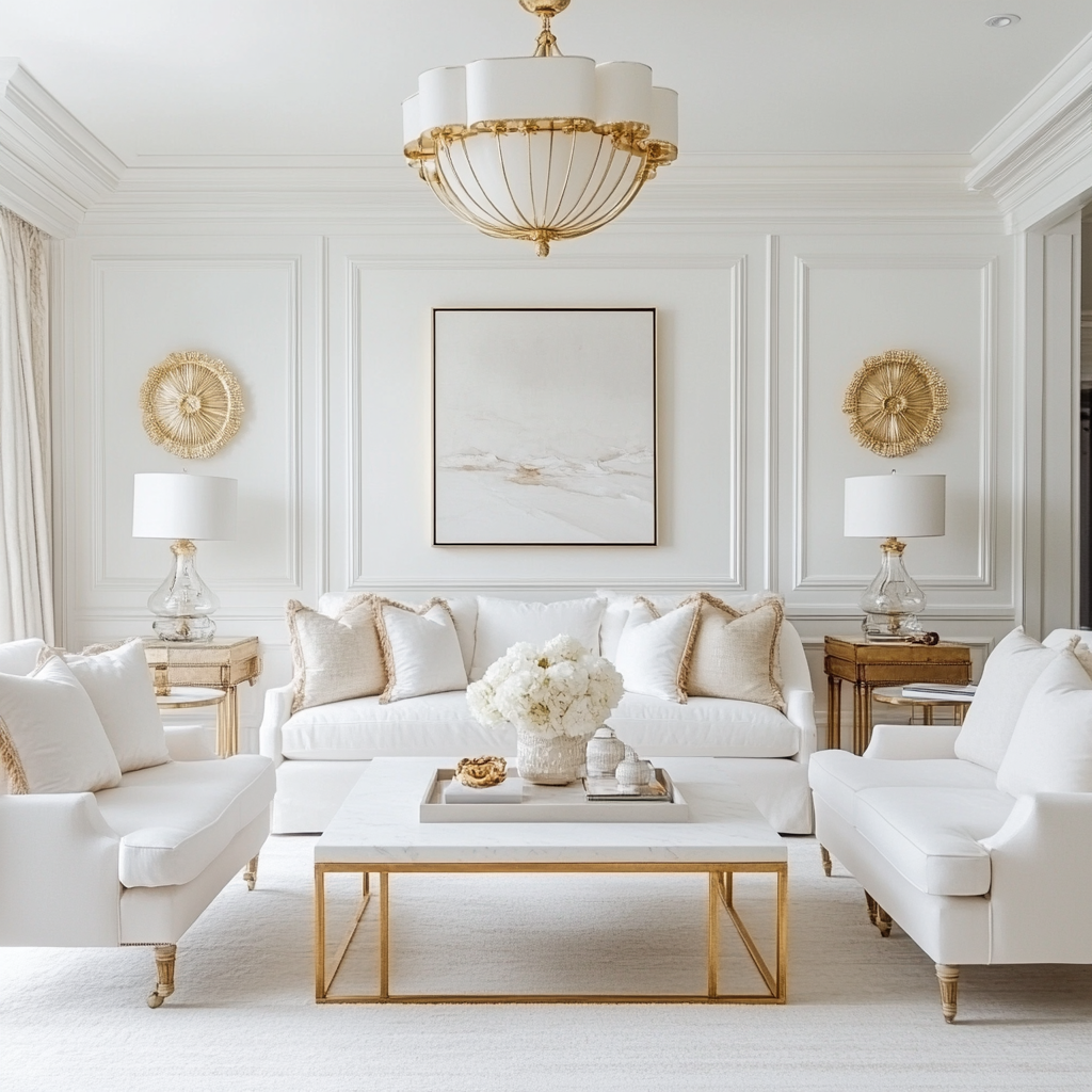 Classical Elegance: Luxurious White and Gold Living Room