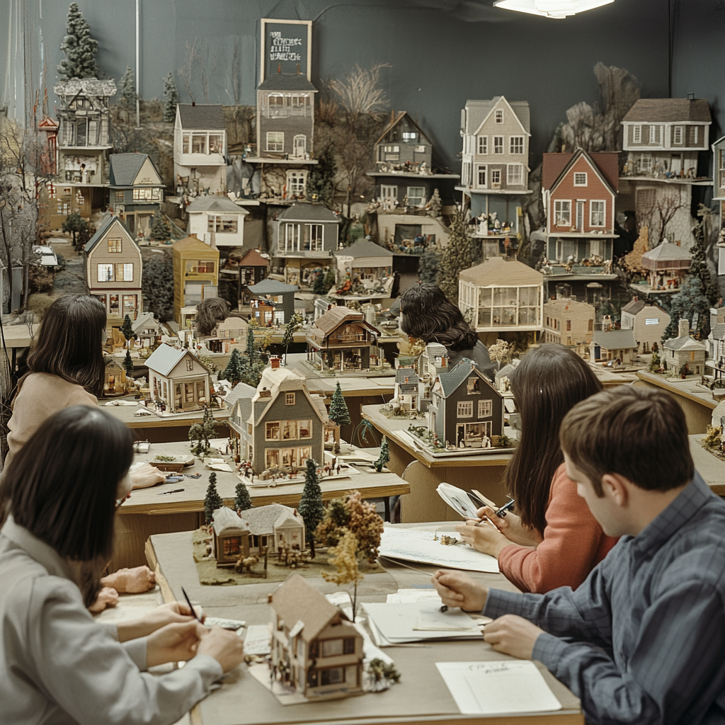 Classroom of professionals studying doll houses like scientists.