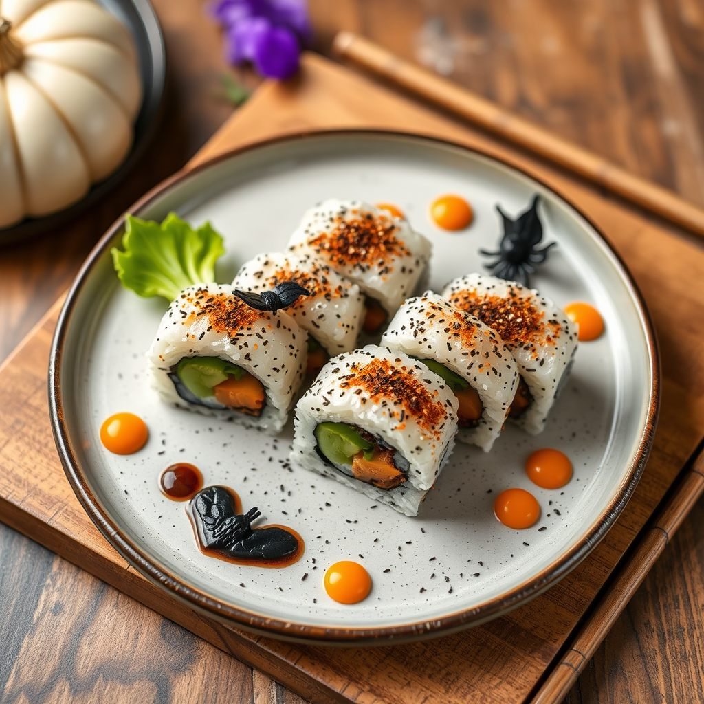 Classy Halloween sushi maki plating with fancy decorations