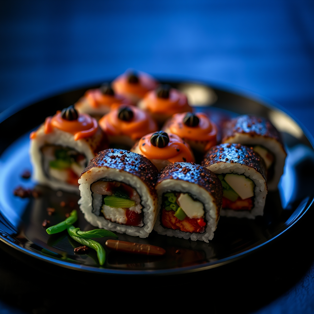 Classy Halloween sushi rolls in dim lighting, child-friendly.