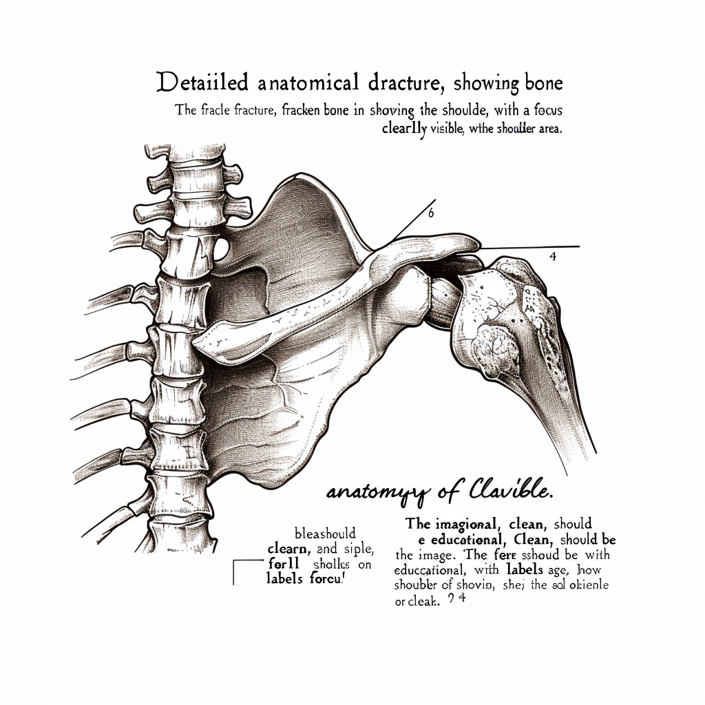 Clavicle fracture anatomy with clear fracture line and labels.