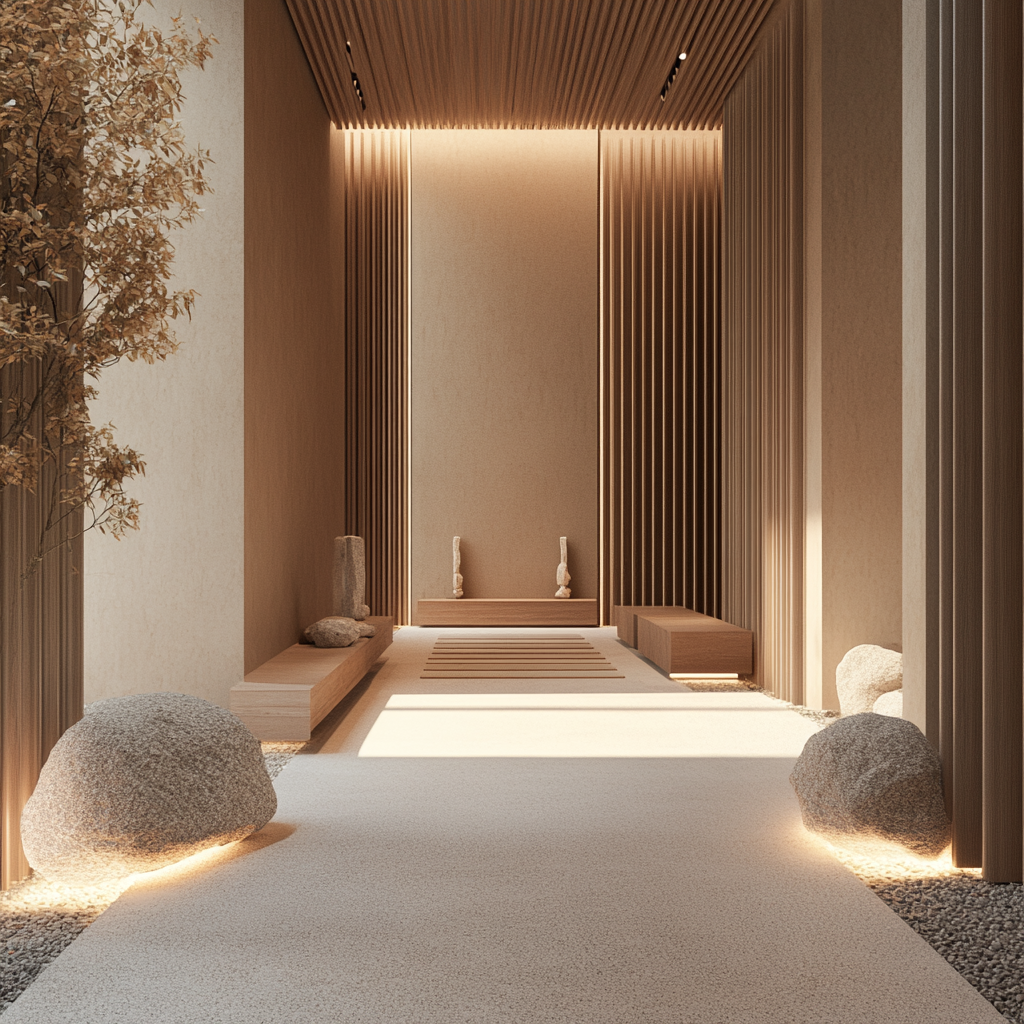 Clean, natural entrance with warm lighting and minimal signage.