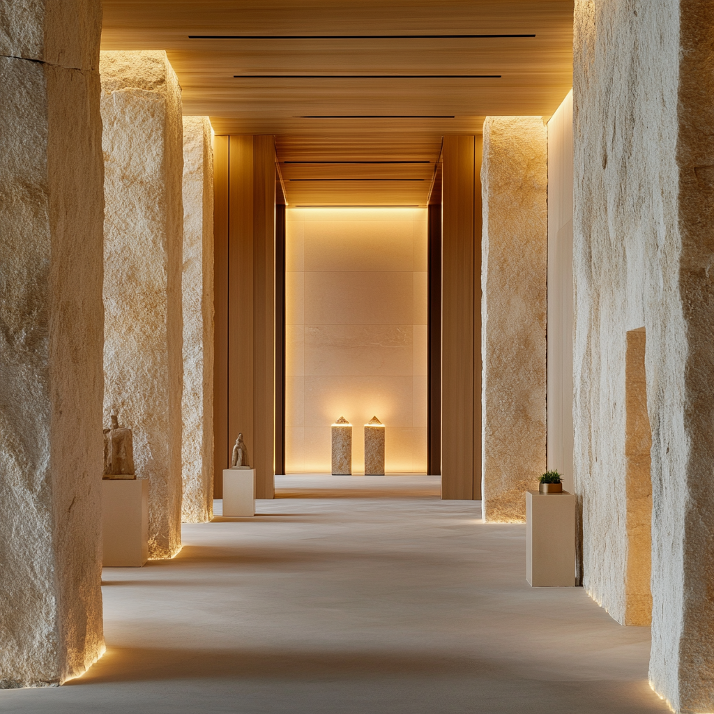 Clean, natural entrance with warm lighting and totems.