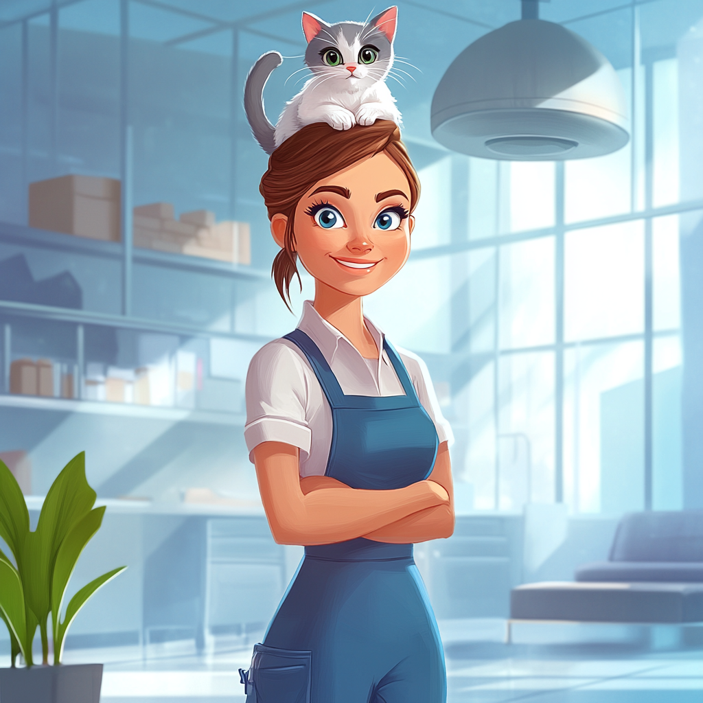 Cleaning Woman with Cat in Modern Building