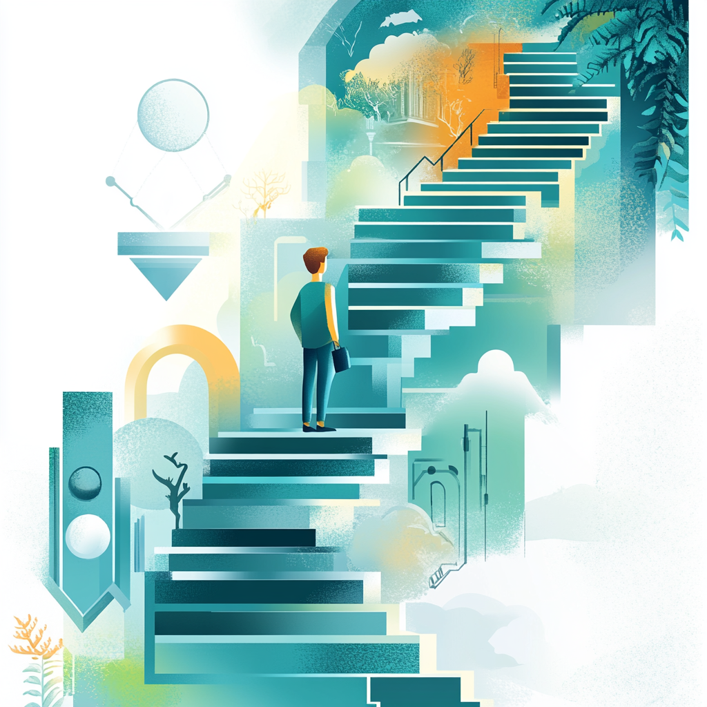 Climbing Stairs to Success in Gray Office Scene