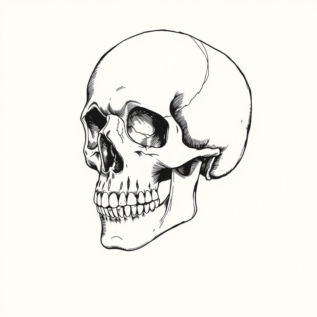 Close drawing of human skull.