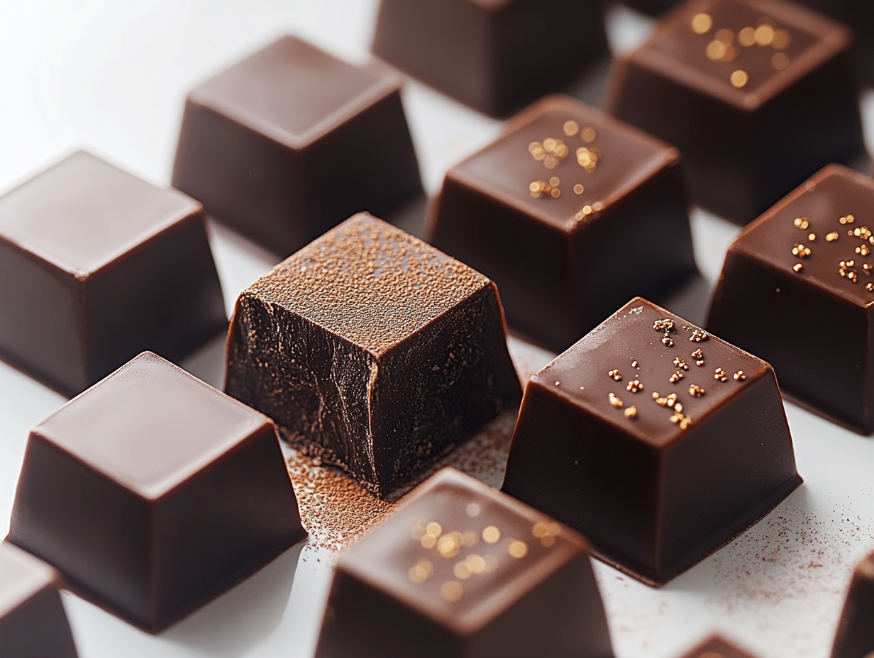 Close-up Chocolate Pralines with Golden Sprinkles