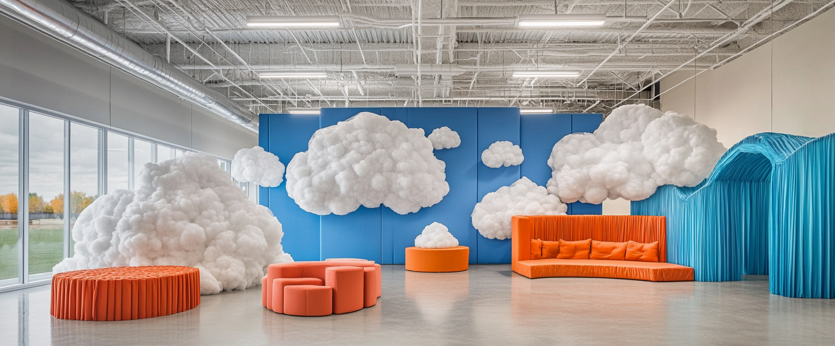 Cloud-themed party in office designed by Steven Holl