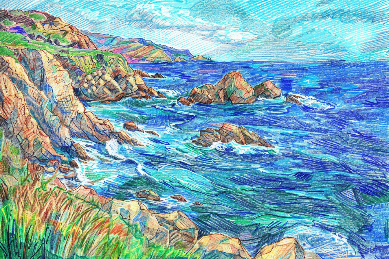 Coastal sketch with bold pencil lines and vibrant colors.