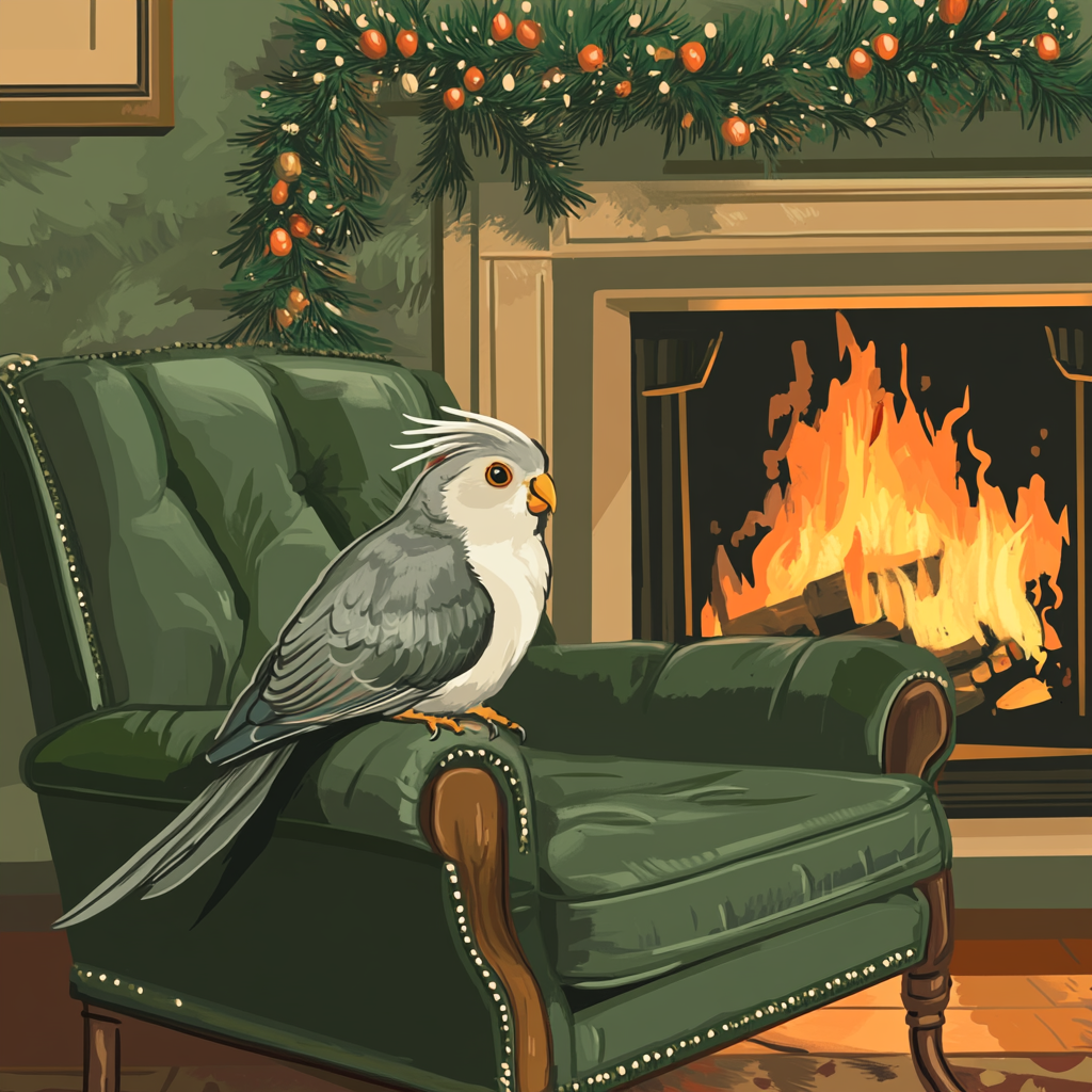 Cockatiel on Festive Chair by Fireplace Drawing